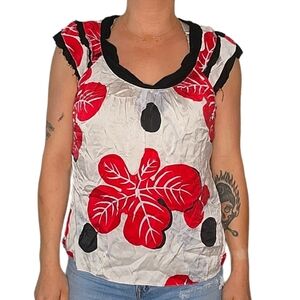Parameter Silk Red White Floral Blouse Size Large Side Zip